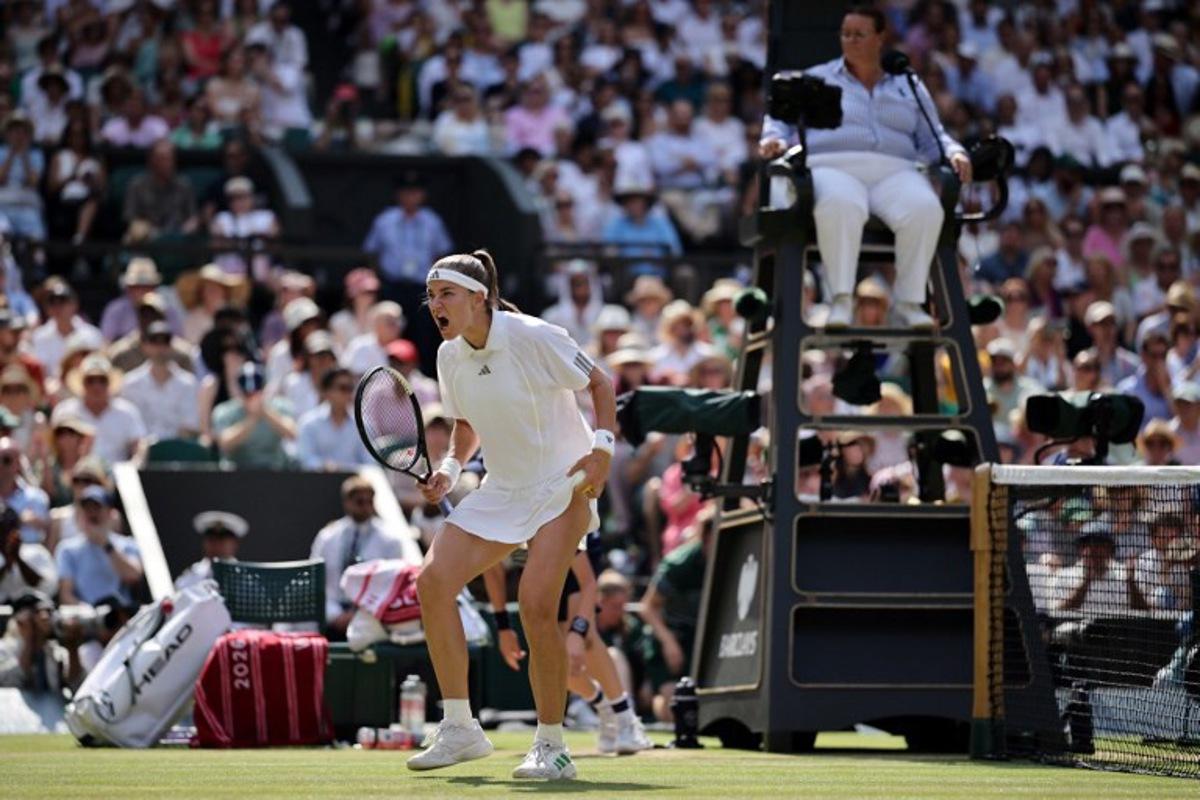 Czech Republic's Karolina Muchova reacts after winning the set against US player Coco Gauff during their women's singles semi-final tennis match on the eleventh day of the 2026 Wimbledon Championships at The All England Lawn Tennis and Croquet Club in Wimbledon, southwest London, on July 9, 2026. Henry NICHOLLS / AFP