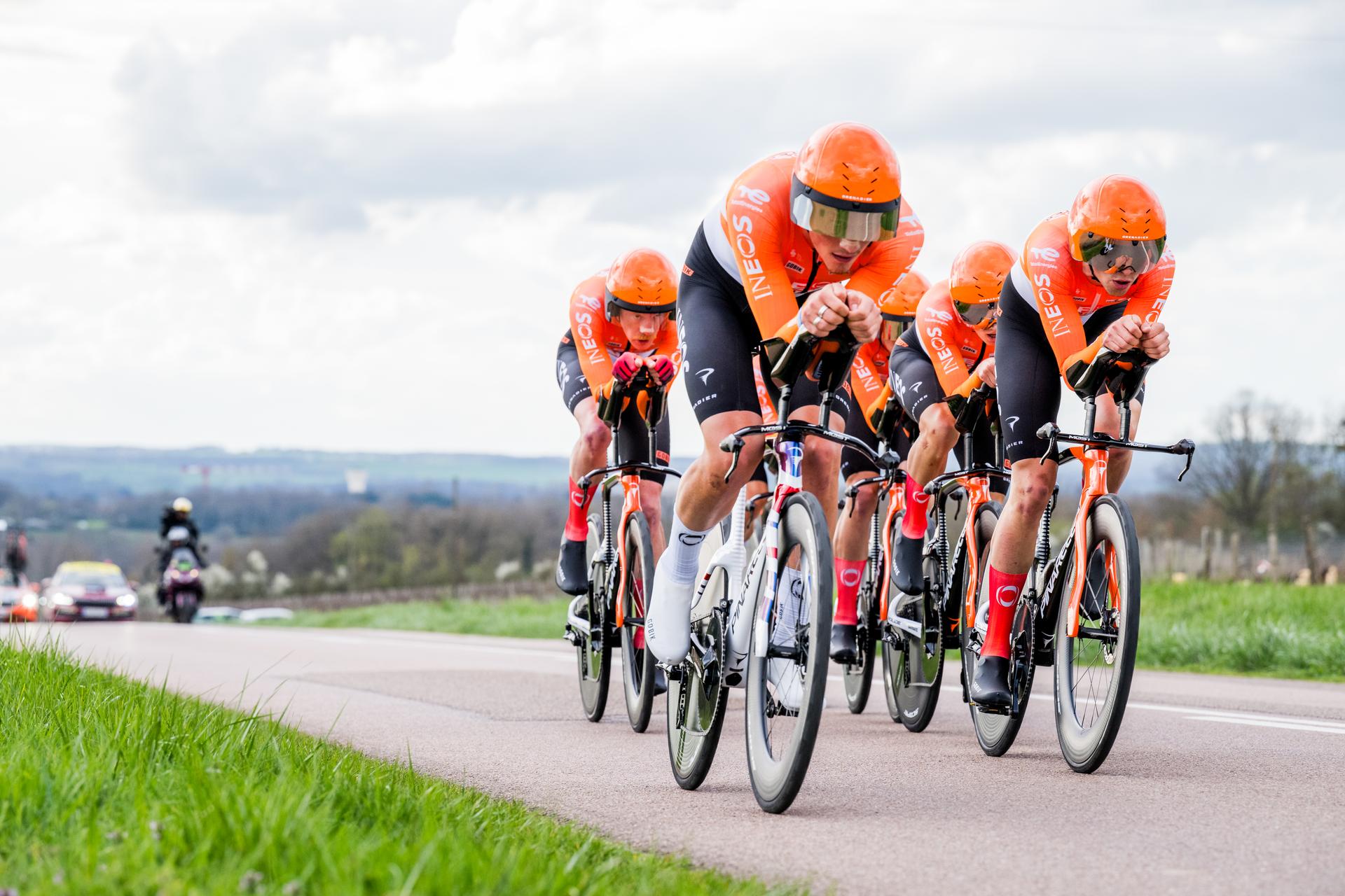 INEOS Grenadiers riders pictured in action during the third stage of 84th edition of the Paris-Nice cycling race, a team time trial from Cosne-Cours-sur-Loire to Pouilly-sur-Loire (23,5 km), on Tuesday 10 March 2026. BELGA PHOTO DAVID PINTENS