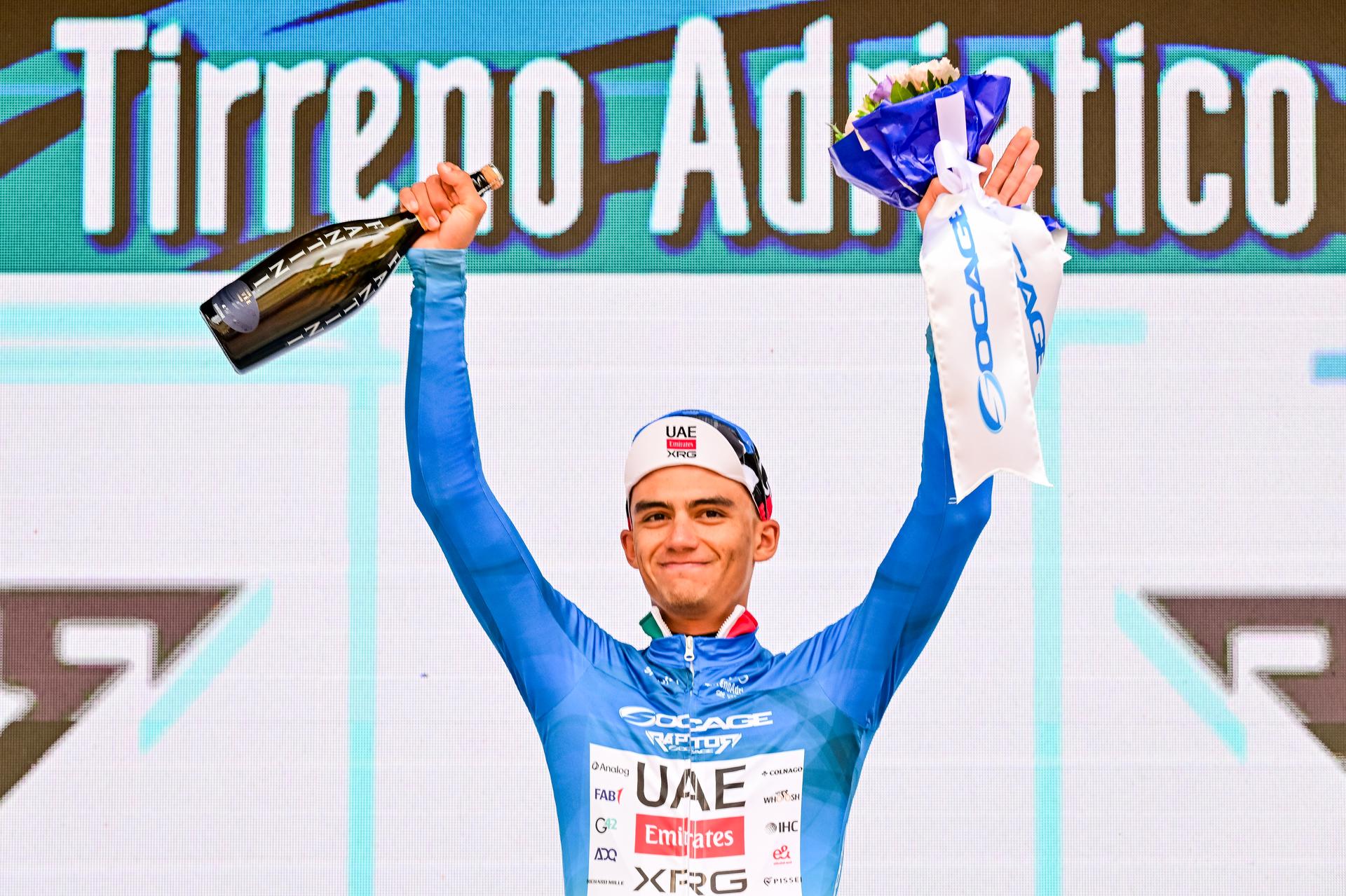 Mexican Isaac Del Toro of UAE Team Emirates-XRG celebrates on the podium after the second stage of the Tirreno-Adriatico cycling race, from Camaiore to San Gimignano (206 km), Italy, Tuesday 10 March 2026. BELGA PHOTO DIRK WAEM