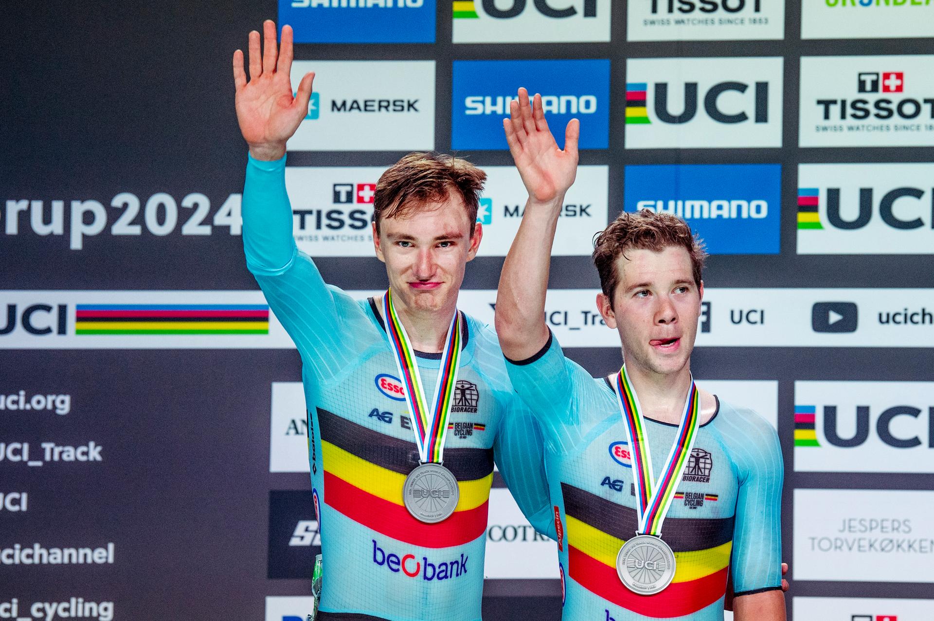 241020 Lindsay de Vylder of Belgium and Fabio van den Bossche of Belgium celebrates after Men's Madison during day 5 of the 2024 UCI Tissot Track Cycling World Championships on October 20, 2024 in Ballerup. Photo: Christian Örnberg / BILDBYRÅN / COP 166 / CO0482 cykling cycling sykling cykel vm cykel2024 uci tissot track cycling world championships wc 2024 uci tissot track cycling world championships 5 bbeng grappa33 jubel BENELUX ONLY