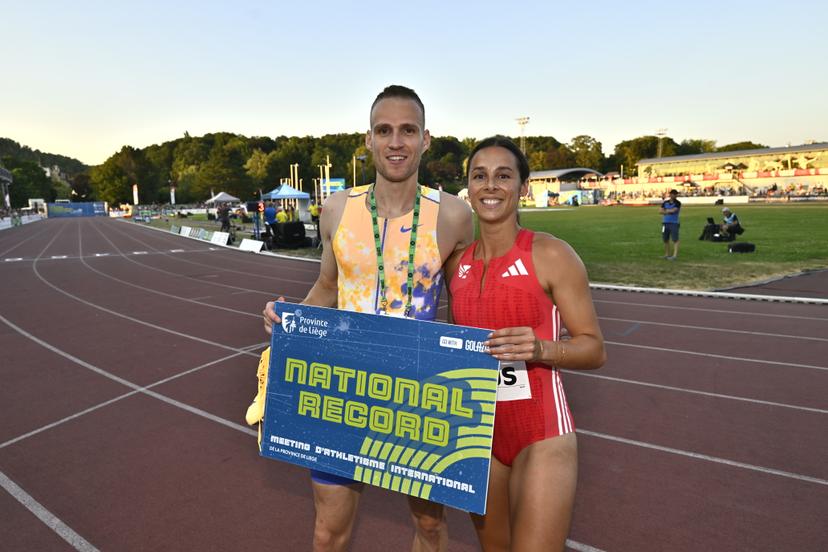 Belgian Camille Laus (r) pictured during the 2026 edition of the 'Meeting International d'Athletisme de la Province de Liege' athletics event in Liege, Wednesday 15 July 2026. BELGA PHOTO ERIC LALMAND