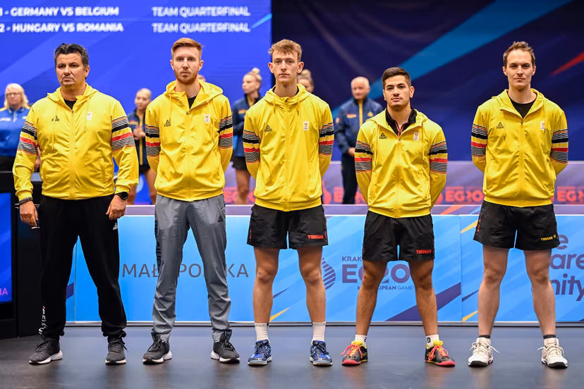 Table Tennis Coach Martin Bratanov, Belgian table tennis player Florian van Acker, Table Tennis player Adrien Rassenfosse, Table Tennis player Martin Allegro and Table Tennis player Cedric Nuytinck pictured at the start of a match in the Men's Team Quarterfinal between Belgium and Germany, in the Table Tennis competition at the European Games in Krakow, Poland on Thursday 29 June 2023. The 3rd European Games, informally known as Krakow-Malopolska 2023, is a scheduled international sporting event that will be held from 21 June to 02 July 2023 in Krakow and Malopolska, Poland. BELGA PHOTO LAURIE DIEFFEMBACQ