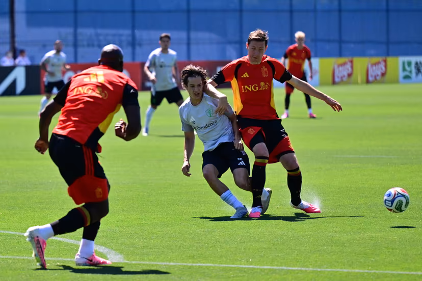 Players pictured in action during a friendly game between Belgium's players who didn't start yesterday and Seattle Sounders, at a training of Belgian national soccer team Red Devils, at the basecamp in Seattle, USA on Tuesday 16 June 2026, after their first game against Egypt at the FIFA World Cup 2026. The match ended in a 1-1 draw. BELGA PHOTO DIRK WAEM
