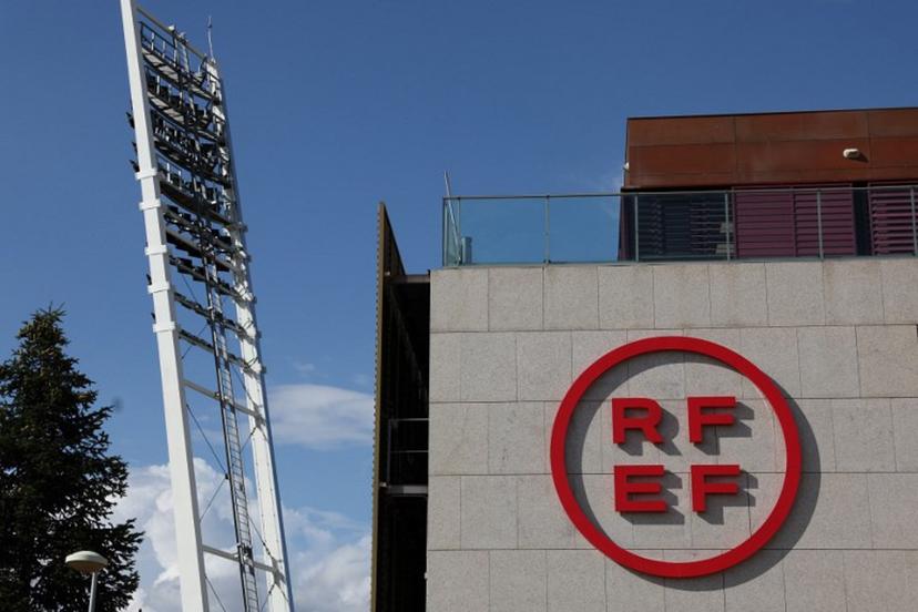 A picture taken on September 15, 2023 shows the logo on the headquarters of the Spanish Royal Football Federation (RFEF) in Las Rozas de Madrid. Women's World Cup winners on September 15 said they would not don the national shirt without deeper changes within the RFEF. Despite a string of recent changes, the federation remains in the hands of officials appointed by Rubiales, former Spain's football chief who faces trial on sexual assault charges over forcibly kissing women's World Cup player Jenni Hermoso. Pierre-Philippe MARCOU / AFP
