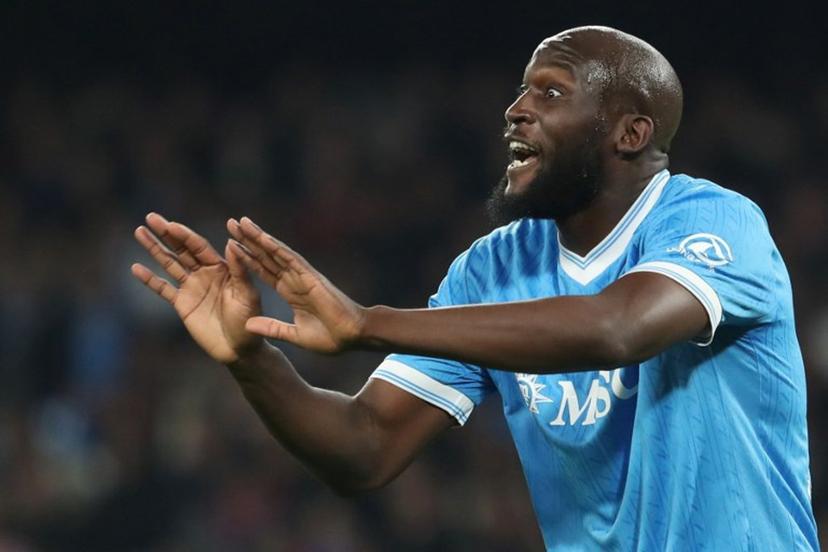 Napoli's Belgian forward #09 Romelu Lukaku reacts during the Italian Serie A football between match SSC Napoli and Torino FC at the Diego Armando Maradona Stadium in Napoli, on March 6, 2026. CARLO HERMANN / AFP