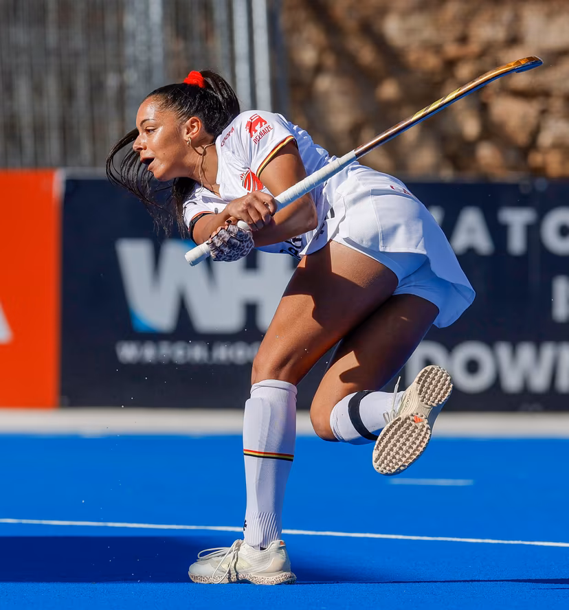 Belgium's Ambre Ballenghien and pictured before a hockey game between Belgian national team Red Panthers and Spain, The fifth game (out of 16) in the group stage of the 2025-2026 women's FIH Pro League, Thursday 05 February 2026 in Valencia, Spain. BELGA PHOTO DAVID GONZALEZ
