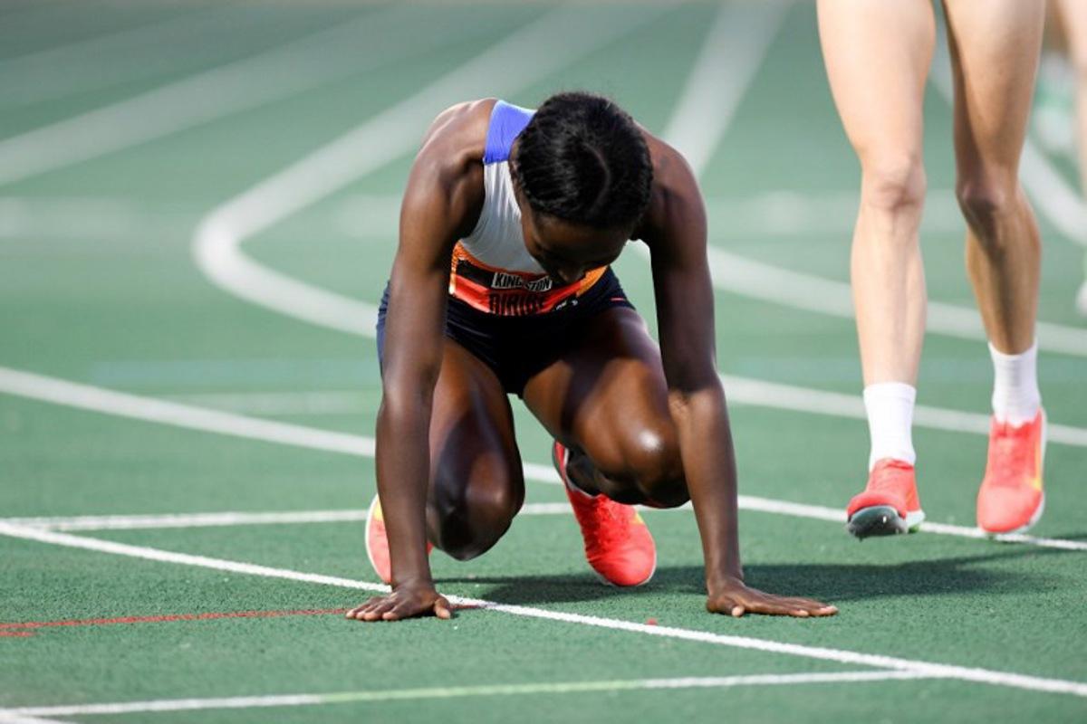 Ethiopia's Diribe Welteji reacts after winning the women's 1,500m event during the Grand Slam Track competition at the National Stadium in Kingston, Jamaica, on April 5, 2025. Ricardo Makyn / AFP