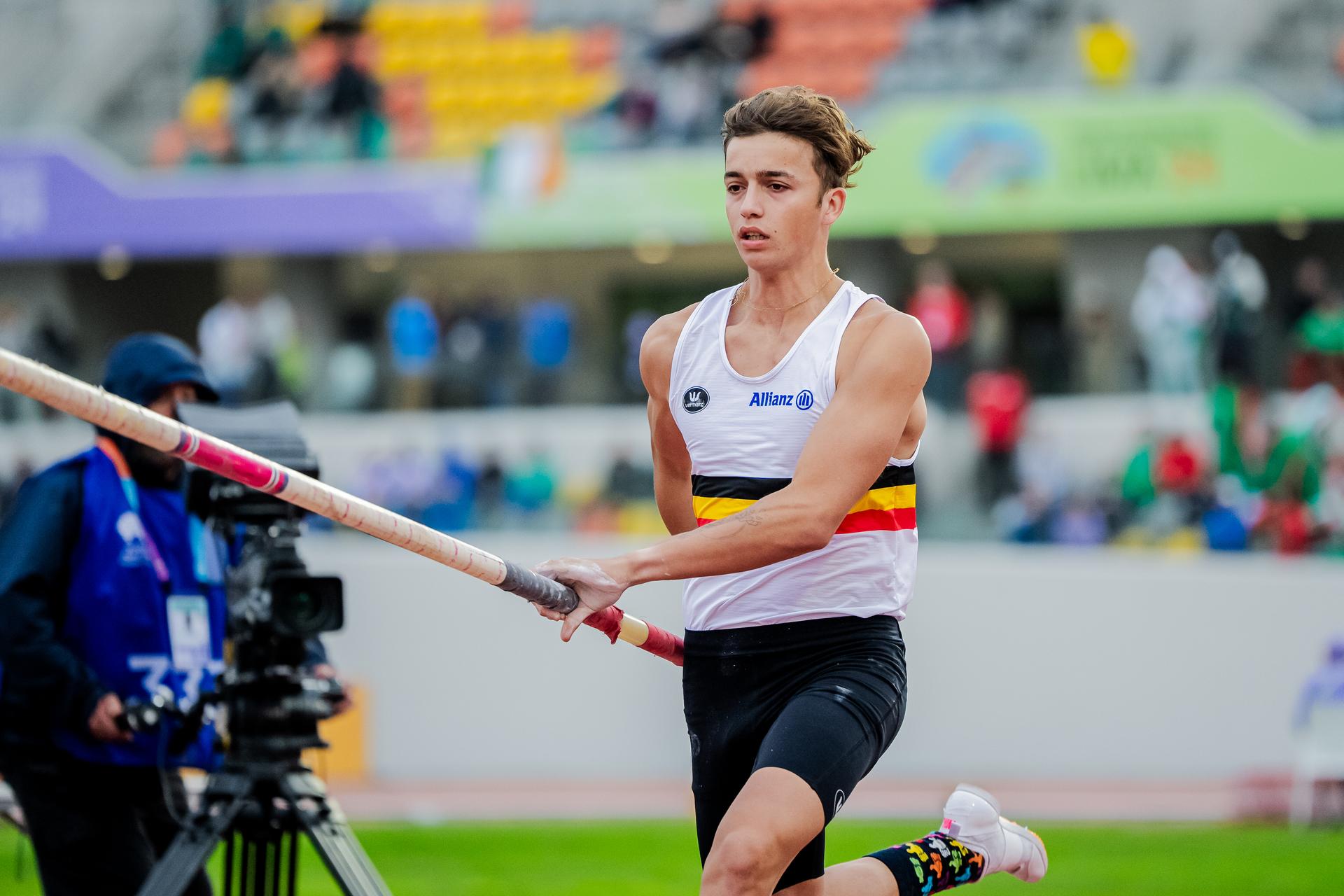 Belgian Ylio Philtjens pictured in action during the men's pole vault competition, at the World Athletics U20 Championships, Wednesday 28 August 2024, in Lima, Peru. The world championships take place from 27 to 31 August. BELGA PHOTO SONYA MALETER
