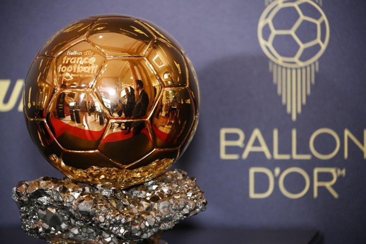 This picture taken on October 17, 2022 shows the trophy prior the 2022 Ballon d'Or France Football award ceremony at the Theatre du Chatelet in Paris. FRANCK FIFE / AFP