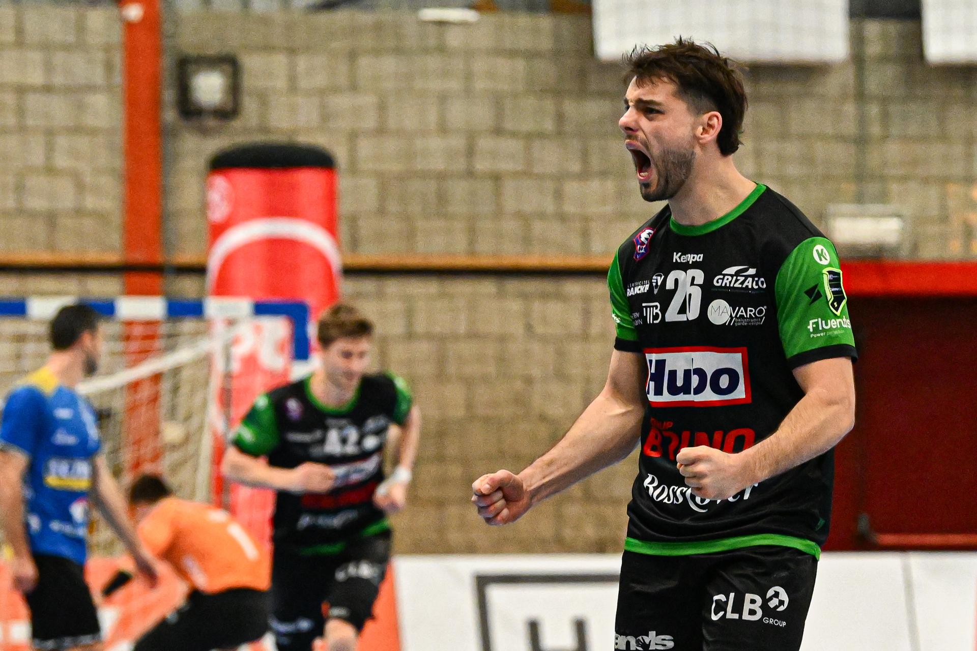 Hubo Handbal's Sebastien Danesi celebrates during a handball game between Achilles Bocholt and HUBO Handbal, Saturday 04 April 2026, in Hasselt, the men's final of the Belgian handball cup. BELGA PHOTO JILL DELSAUX