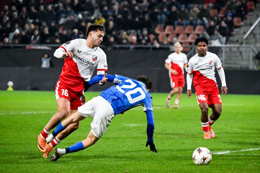 Genk's Konstantinos Kos Karetsas is taken down in the penalty box by and Utrecht's Souffian El Karouani during a soccer game between Dutch soccer club FC Utrecht and Belgian KRC Genk, on Thursday 22 January 2026 in Utrecht, Netherlands, the seventh game (out of 8) in the league phase of the UEFA Europa League competition. BELGA PHOTO TOM GOYVAERTS