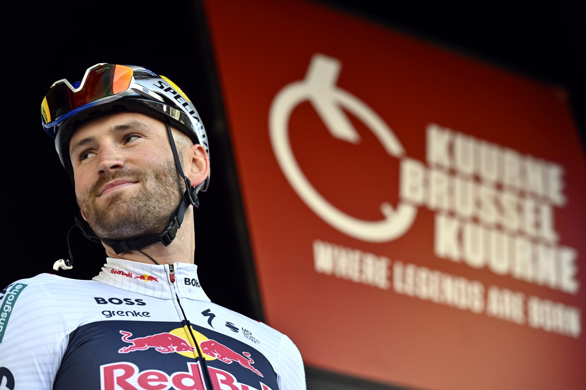 Belgian Jordi Meeus of RedBull-BORA-hansgrohe pictured during the team presentation ahead of the Kuurne-Brussels-Kuurne one day cycling race, 196,9 km from Kuurne to Kuurne via Brussels, Sunday 02 March 2025. BELGA PHOTO DIRK WAEM