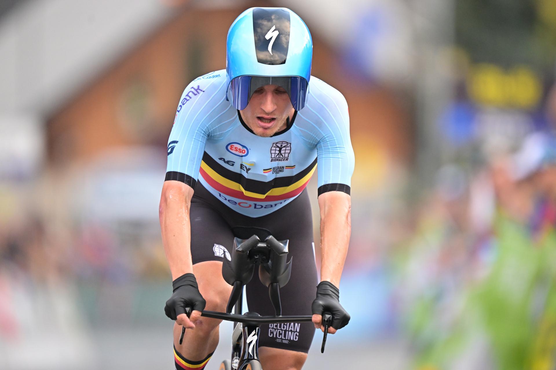 Belgium's Ilan Van Wilder crosses the finish line of the Men Elite Individual Time Trial race (22km) at the cycling UEC Road European Championships, in Ljubljana, Slovenia, on Wednesday 7 October 2026. The UEC Road European Championships are taking place from 02 to 07 October in Ljubljana, Slovenia. BELGA PHOTO DAVID PINTENS