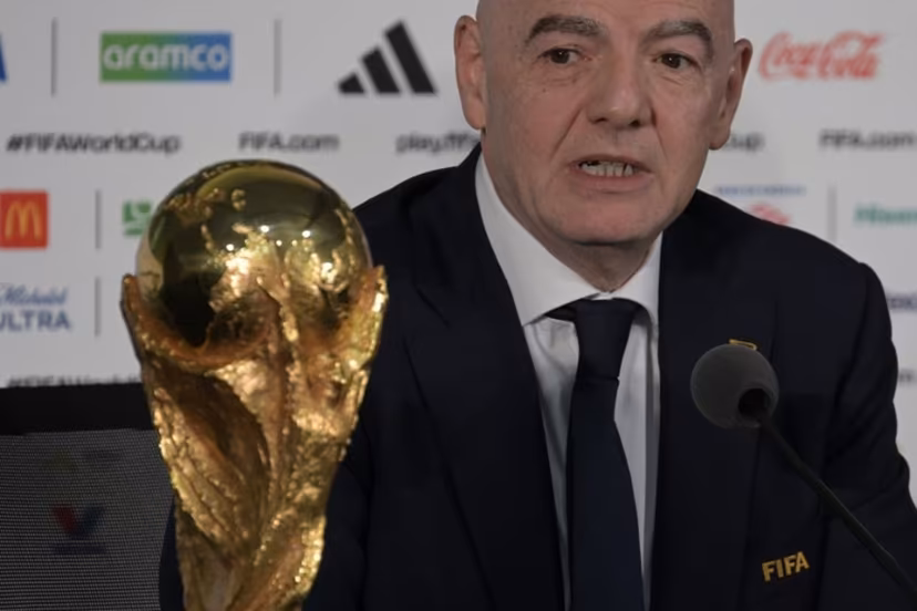 FIFA President Gianni Infantino gives a press conference with the World Cup trophy on the eve of the opening match of the 2026 World Cup football tournament at Mexico city stadium in Mexico City on June 10, 2026. Alfredo ESTRELLA / AFP