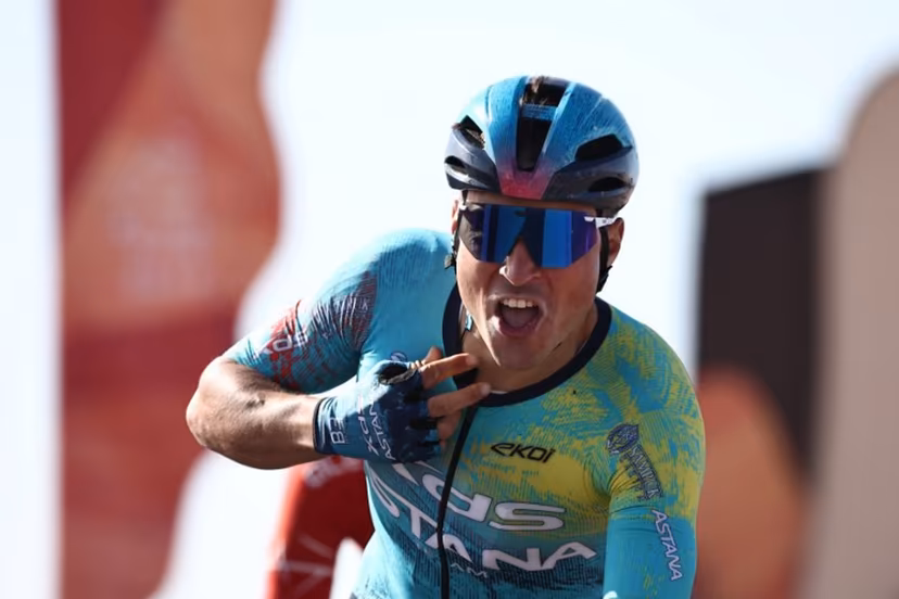 XDS Astana Team Italian Matteo Malucelli celebrates as he crosses the finish ligne to winn the fourth stage of the AlUla Tour cycling race, 173,4 km from Winter Park to Hegra on January 30, 2026. Anne-Christine POUJOULAT / AFP