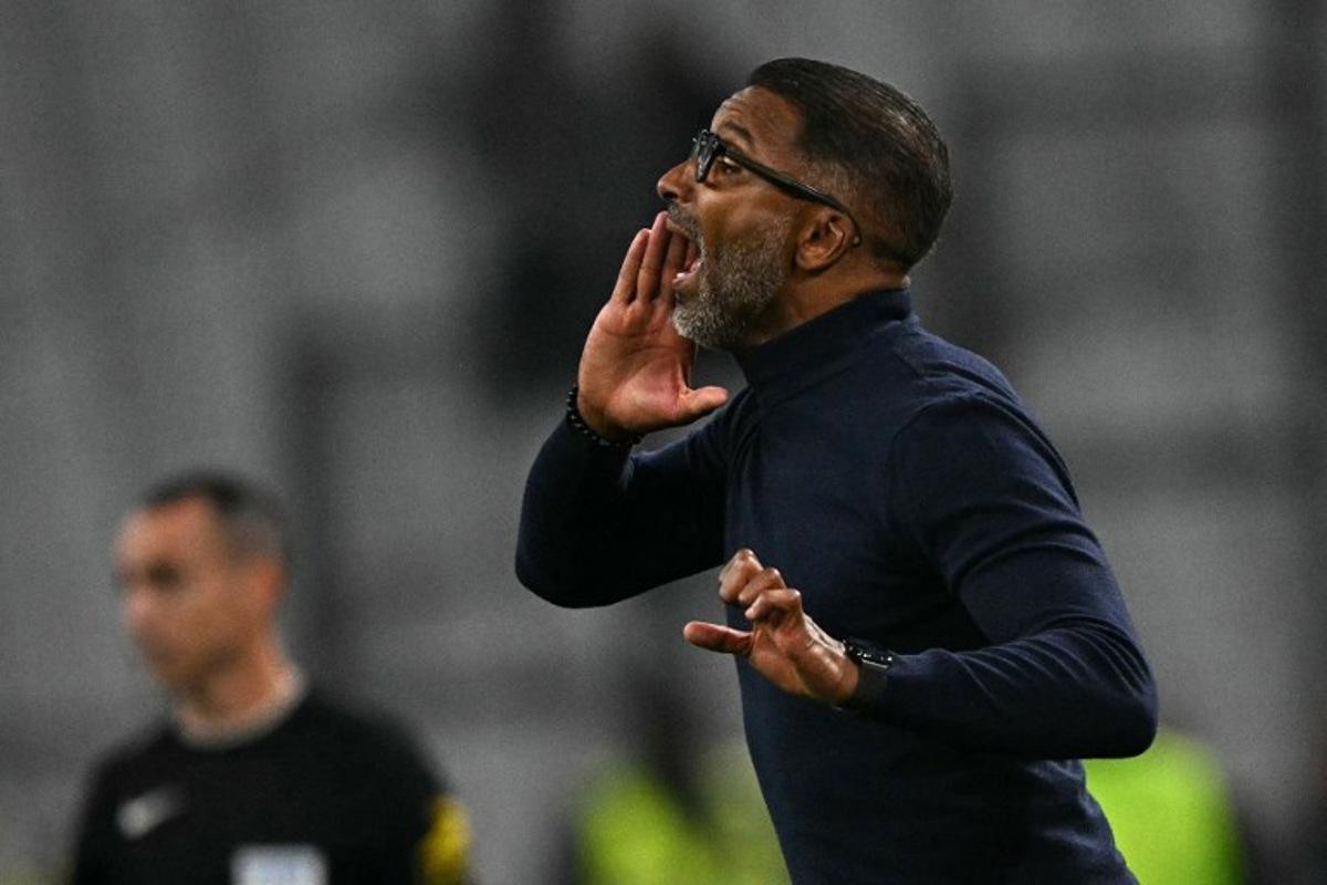 Marseille's French-Senegalese head coach Habib Beye reacts during the French L1 football match between Olympique de Marseille (OM) and Stade Rennais FC at the Stade Velodrome in Marseille, southern France, on May 17, 2026. Gabriel BOUYS / AFP
