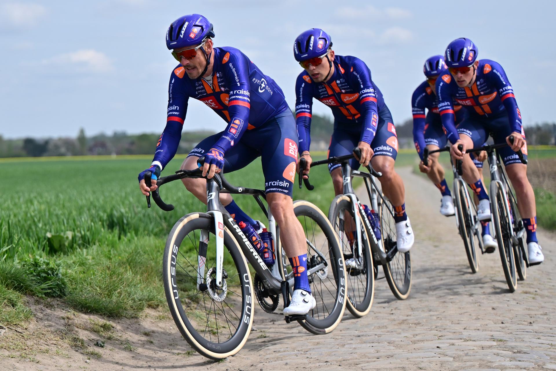 German John Degenkolb of Team Picnic PostNL (L) pictured in action during the reconnaissance of the track ahead of this year's Paris-Roubaix cycling race, Friday 10 April 2026, around Roubaix, France. The 123rd edition of Paris-Roubaix cycling races will take on Sunday, with the women riding 143,1 km the men riding 258,3 km on Sunday. BELGA PHOTO DIRK WAEM