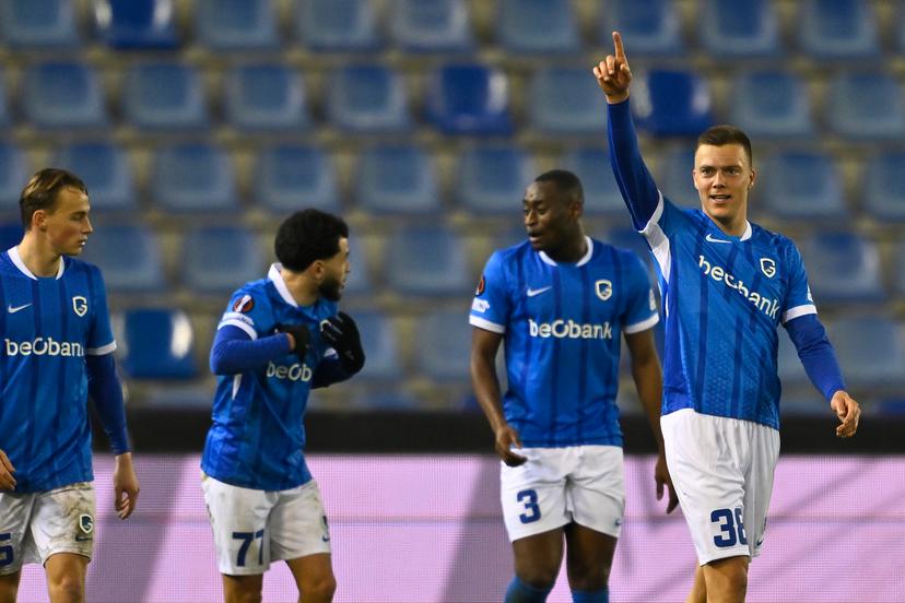 Genk's Daan Heymans celebrates after scoring during a soccer game between Belgian team KRC Genk and Croatian GNK Dinamo Zagreb, Thursday 26 February 2026 in Genk, in the play-off for the knockout phase of the UEFA Europa League tournament. Genk won the first leg 1-3. BELGA PHOTO JOHAN EYCKENS