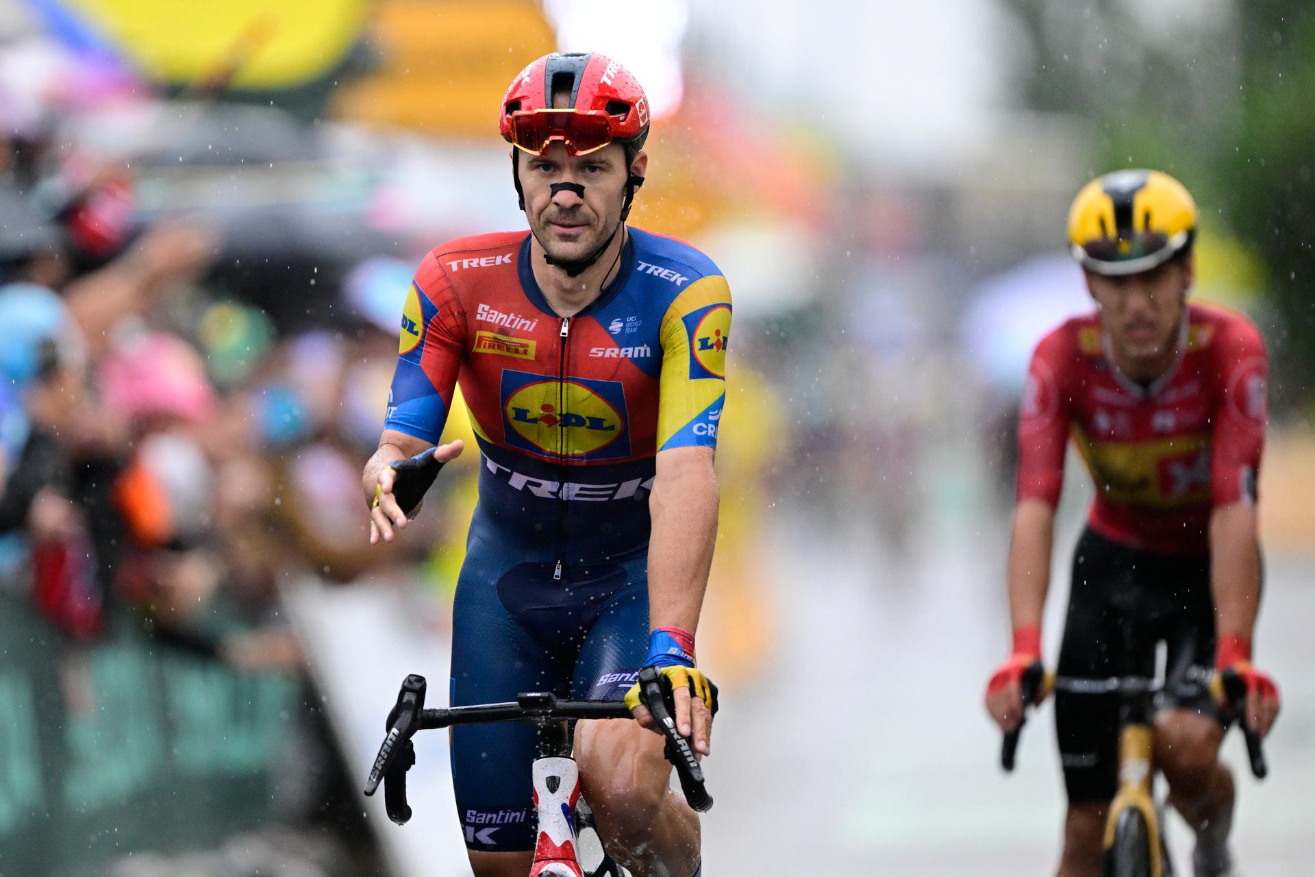 Belgian Edward Theuns of Lidl-Trek crosses the finish line of stage 17 of the 2025 Tour de France cycling race, from Bollene to Valence (161km), on Wednesday 23 July 2025 in France. The 112th edition of the Tour de France starts on Saturday 5 July in Lille, France, and will finish in Paris, France on the 27th of July. BELGA PHOTO DIRK WAEM