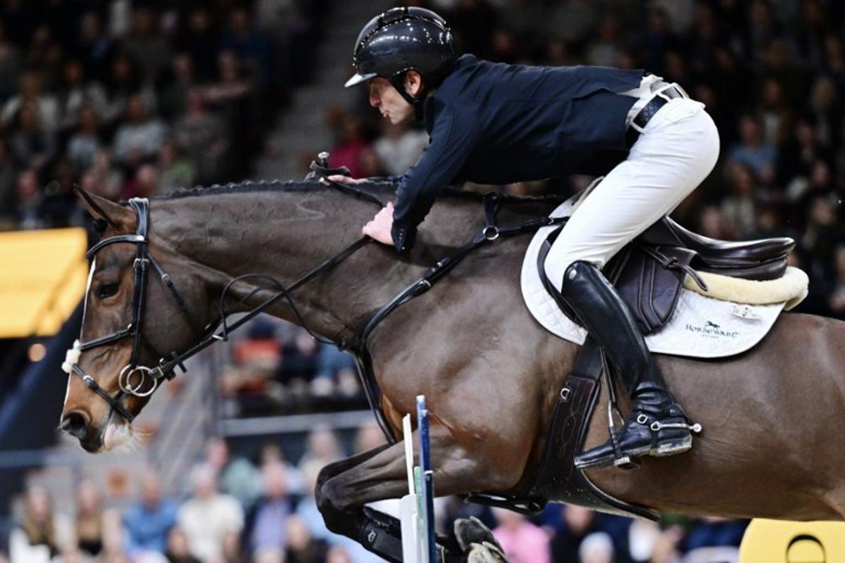 Switzerland Steve Guerdat on the horse Dynamix de Belheme competes during the World Cup jumping at the Gothenburg Horse Show in Scandinavium in Gothenburg, Sweden on February 23, 2025. Bjorn LARSSON ROSVALL / TT News Agency / AFP
