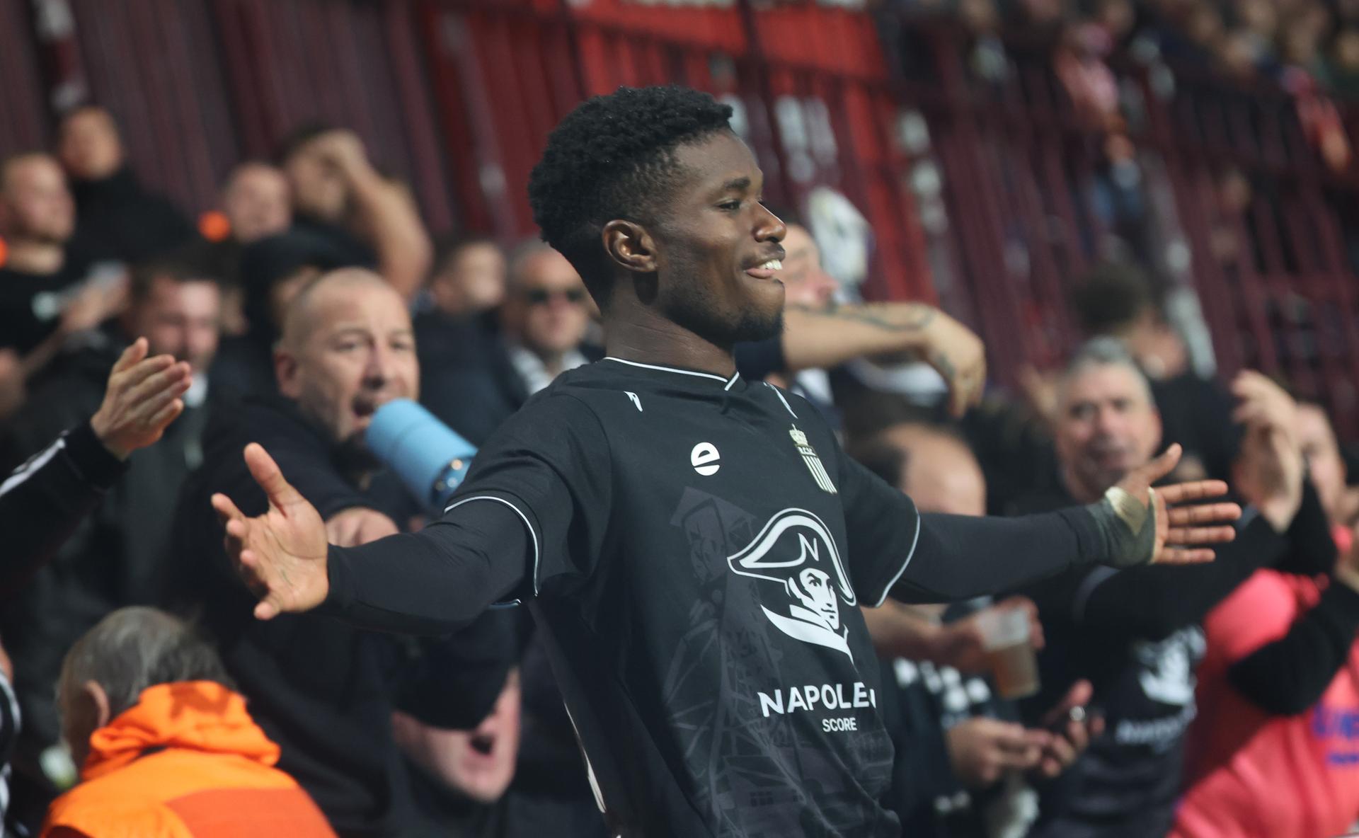 Charleroi's Cheick Keita celebrates after scoring during a soccer match between third division club RAEC Mons and first division club Sporting Charleroi, Saturday 17 October 2026 in Mons, a game in the 1/16 final of the Croky Cup Belgian cup competition. BELGA PHOTO VIRGINIE LEFOUR