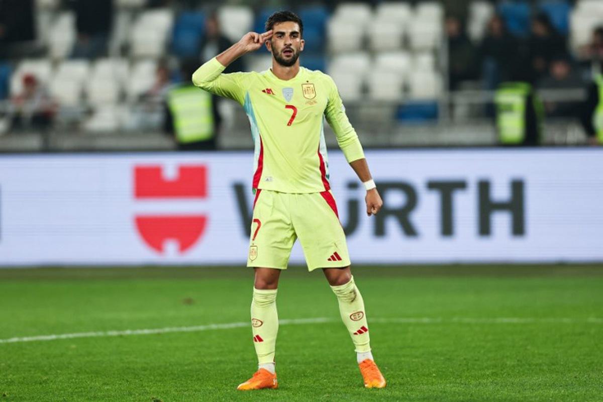 Spain's midfielder #07 Ferran Torres celebrates after scoring the team's third goal during the FIFA World Cup 2026 European qualification football match between Georgia and Spain at the Boris Paichadze National Stadium in Tbilisi on November 15, 2025. Giorgi ARJEVANIDZE / AFP