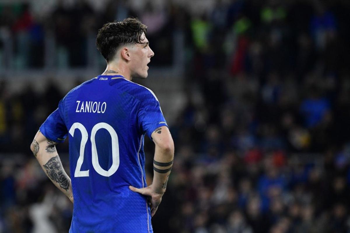Italy's forward Nicolo Zaniolo reacts during the UEFA Euro 2024 qualifying Group C football match between Italy and North Macedonia at the Olympic Stadium in Rome on November 17, 2023. Filippo MONTEFORTE / AFP