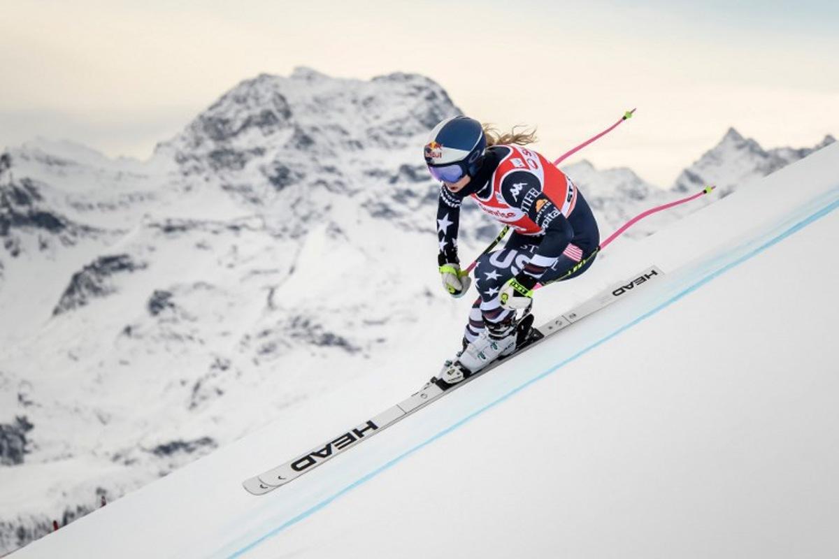 US Lindsey Vonn skies during the women's downhill training as part of the FIS Alpine ski World Cup 2025-2026, in St. Moritz, south-eastern Switzerland on December 11, 2025. Fabrice COFFRINI / AFP