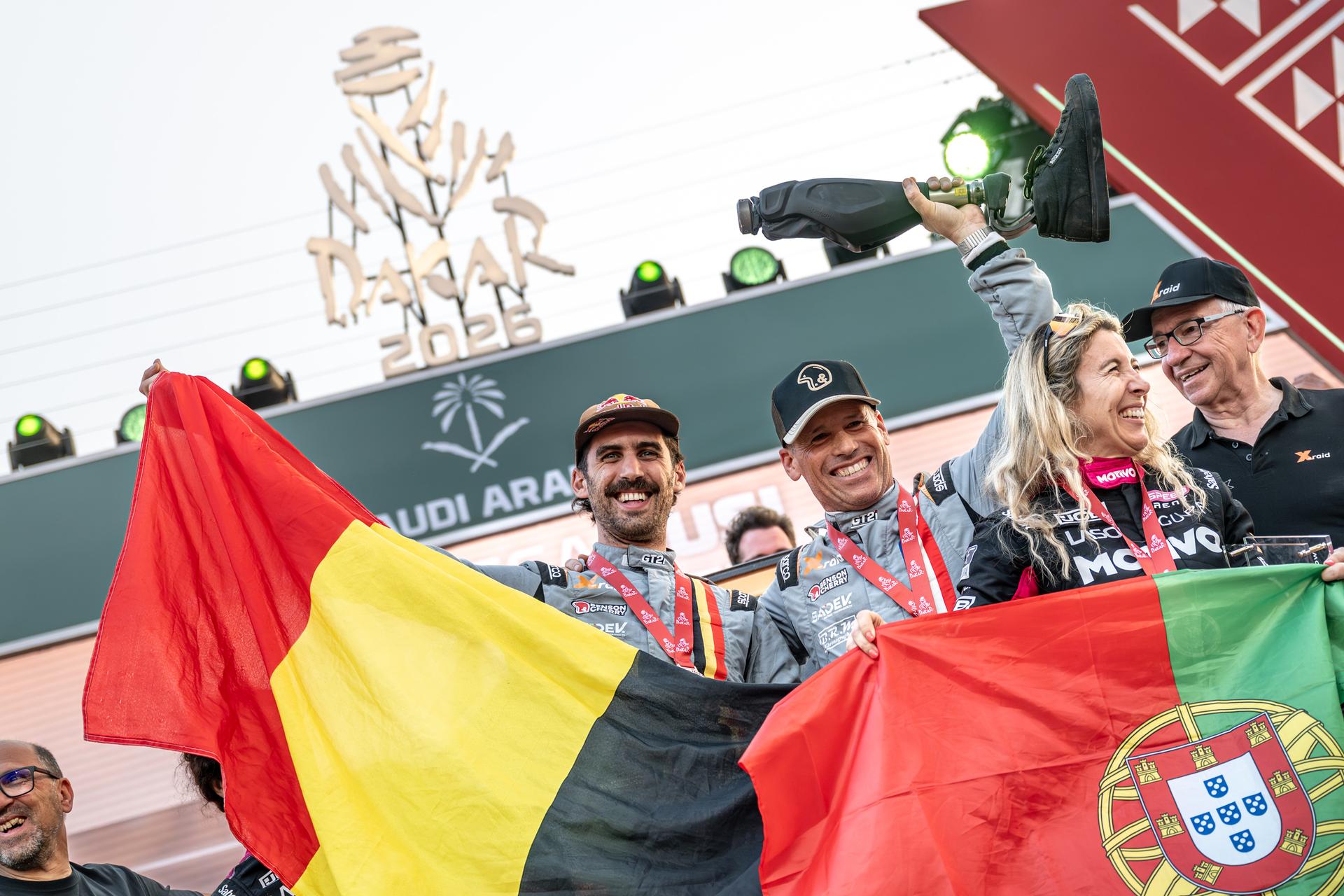 ATTENTION EDITORS - HAND OUT PICTURES - EDITORIAL USE ONLY - MANDATORY CREDIT: 'SIMON BAUCHAU' Hand out picture released by Eric Dupain shows Guillaume de Mevius and Mathieu Baumel after stage 13 of the 2026 Dakar rally race in Yanbu, Saudi Arabia on Saturday 17 January 2026. *** Belga and Belga Editorial Board decline all responsibility regarding the content of this picture. *** PHOTO HAND OUT - SIMON BAUCHAU