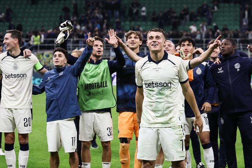 Club's players celebrate after a soccer game between Italian Inter Milan and Belgian Club Brugge KV, Tuesday 13 October 2026 in Milan, Italy, on day 2 of the UEFA Champions League league phase. BELGA PHOTO BRUNO FAHY