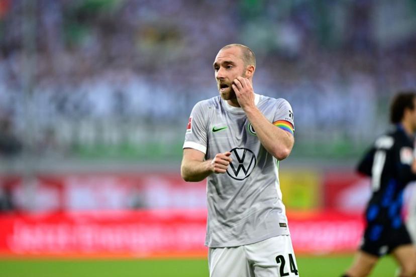 Wolfsburg's Danish midfielder #24 Christian Eriksen reacts during the German Bundesliga relegation second-leg football match between SC Paderborn 07 and VfL Wolfsburg in Paderborn on May 25, 2026. Ina FASSBENDER / AFP