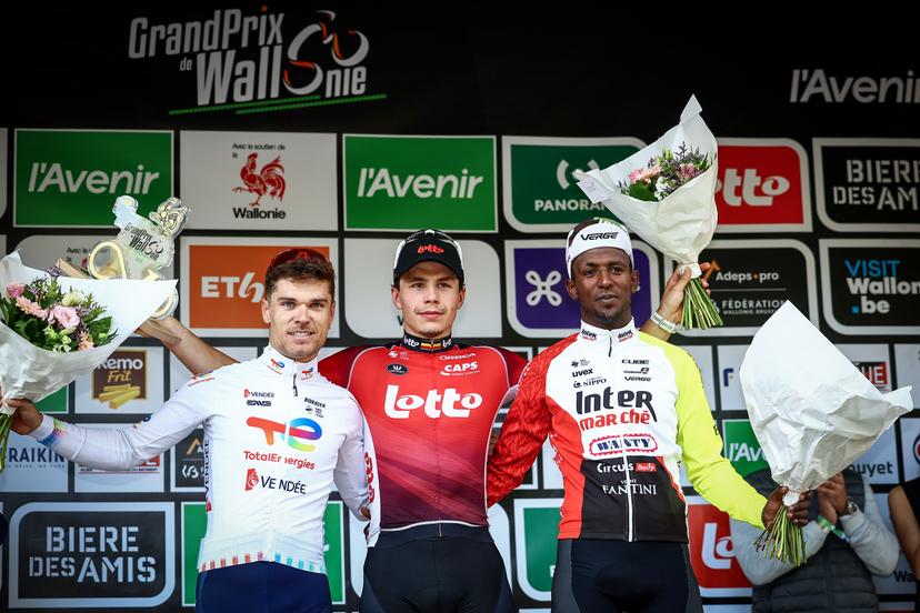 French Emilien Jeanniere of TotalEnergies, Belgian Arnaud De Lie of Lotto Cycling Team and Eritrean Biniam Girmay Hailu of Intermarche-Wanty pictured on the podium after the one day cycling race Grand Prix de Wallonie 2025 (187 km), in Namur, on Wednesday 17 September 2025. BELGA PHOTO DAVID PINTENS