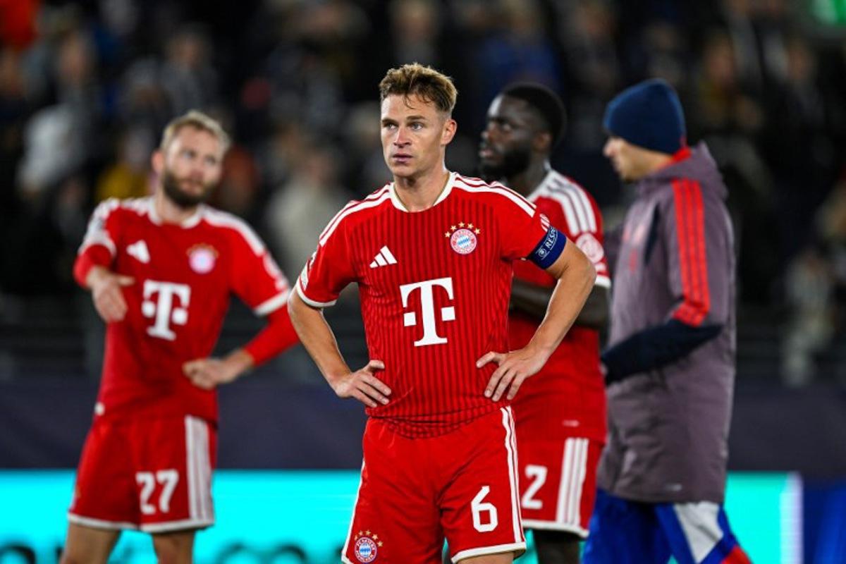 Bayern Munich's German midfielder #06 Joshua Kimmich reacts after the UEFA Champions League football match between Viking FK and FC Bayern Munich in Stavanger, Norway on October 13, 2026. The match ended in a 3-3 draw. Carina Johansen / NTB / AFP