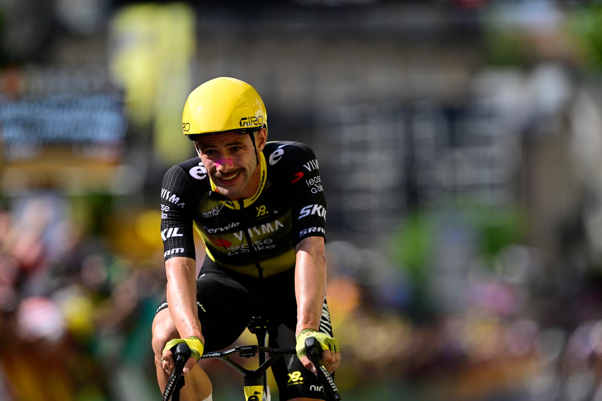 Belgian Victor Campenaerts of Team Visma-Lease a Bike and pictured crossing the finish line of the stage 15 of the 2025 Tour de France cycling race, from Muret to Carcasonne (169 km), on Sunday 20 July 2025 in France. The 112th edition of the Tour de France starts on Saturday 5 July in Lille, France, and will finish in Paris, France on the 27th of July. BELGA PHOTO DIRK WAEM