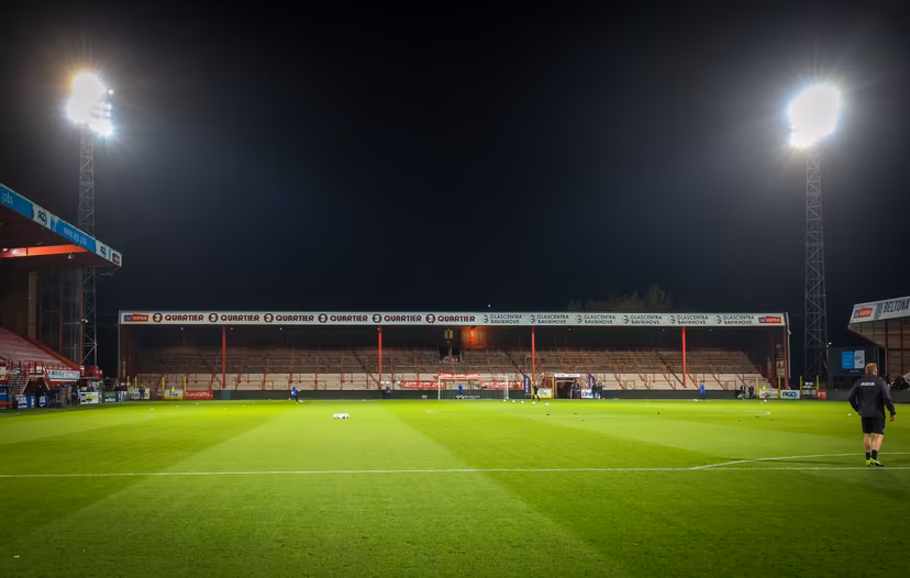View on the empty tribune of Guldensporenstadion due to corona measures, before a soccer match between KV Kortrijk and RSCA Anderlecht, Friday 23 October 2020 in Kortrijk, on day 10 of the 'Jupiler Pro League' first division of the Belgian championship. BELGA PHOTO VIRGINIE LEFOUR