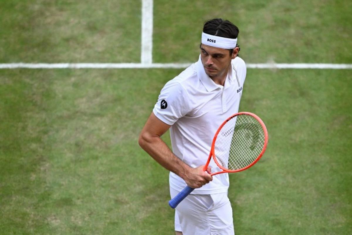 US player Taylor Fritz reacts after winning the first set against Kazakhstan's Alexander Bublik during their men's singles round of 16 tennis match on the eighth day of the 2026 Wimbledon Championships at The All England Lawn Tennis and Croquet Club in Wimbledon, southwest London, on July 6, 2026. Kirill KUDRYAVTSEV / AFP
