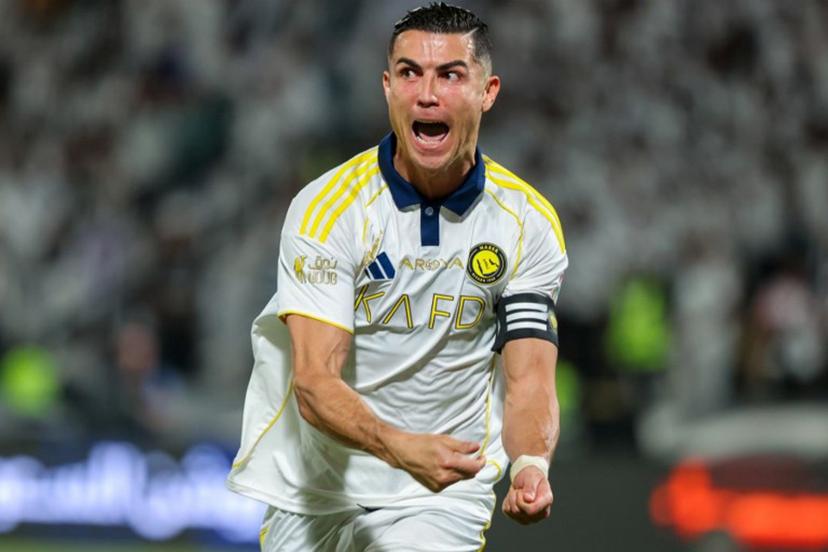 Nassr's Portuguese forward #07 Cristiano Ronaldo celebrates scoring his team's third goal during the Saudi Pro League football match between Al-Shabab and Al-Nassr at King Fahd Sports City Stadium in Riyadh on May 7, 2026. Fayez NURELDINE / AFP