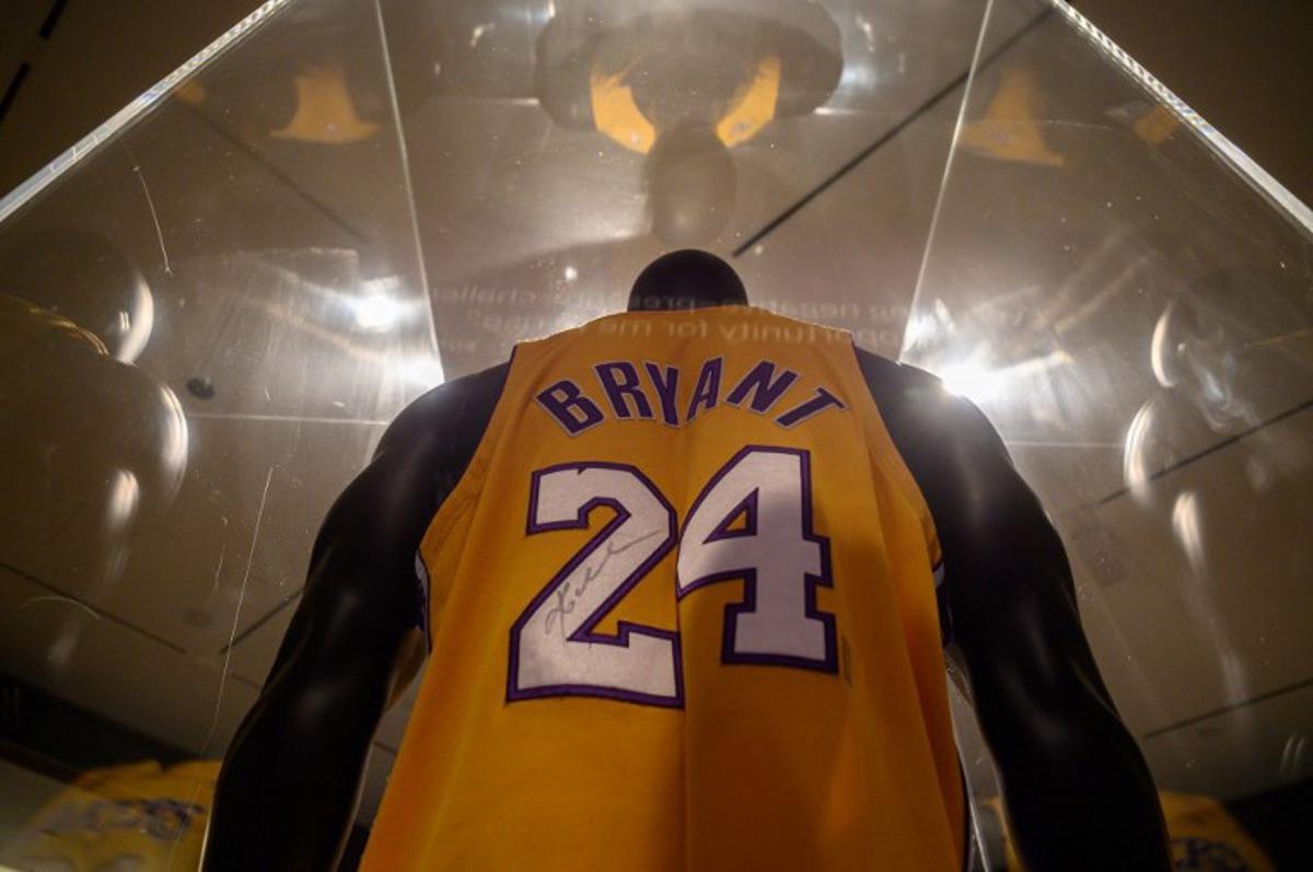 A jersey that belonged to late basketball star Kobe Bryant, expected to fetch between 5-7 million USD, is displayed at Sotheby's auction house in New York on February 1, 2023. Ed JONES / AFP