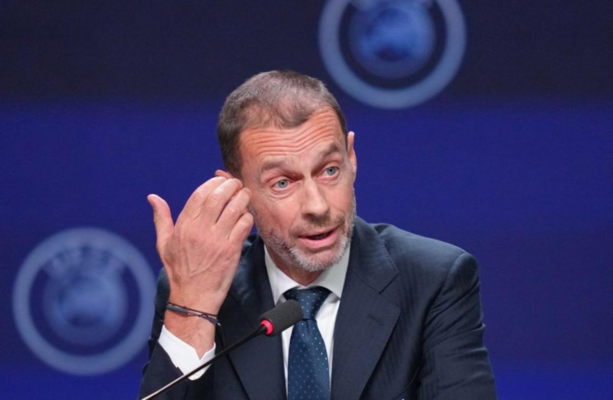 UEFA president Aleksander Ceferin gestures as he addresses a press conference at the 50th UEFA Ordinary Congress in Brussels on February 12, 2026. Pau BARRENA / AFP