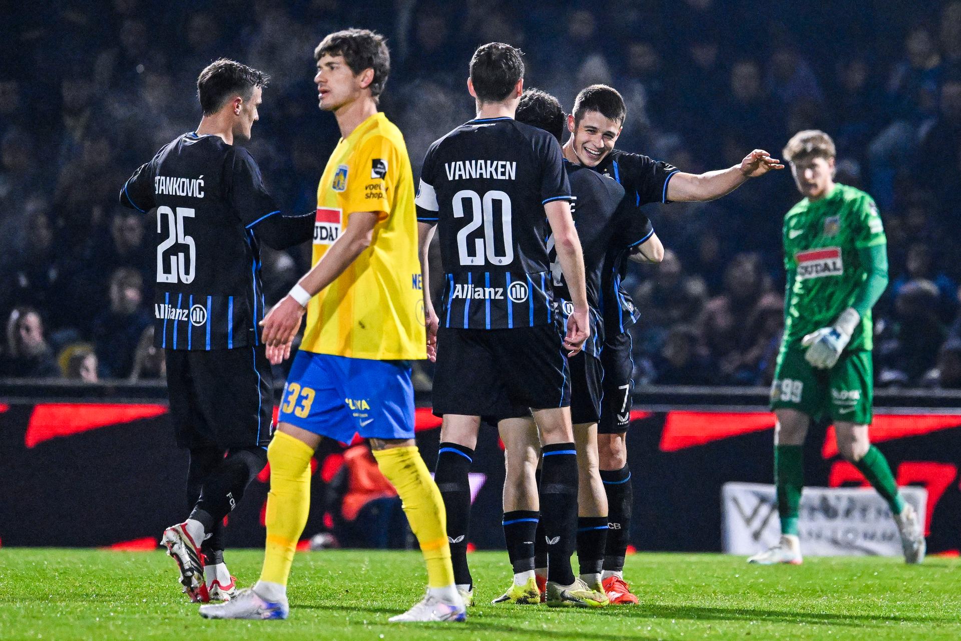 Club's Nicolo Tresoldi celebrates after scoring during a soccer match between KVC Westerlo and Club Brugge, Saturday 14 March 2026 in Westerlo, on day 29 of the 2025-2026 'Jupiler Pro League' first division of the Belgian championship. BELGA PHOTO TOM GOYVAERTS