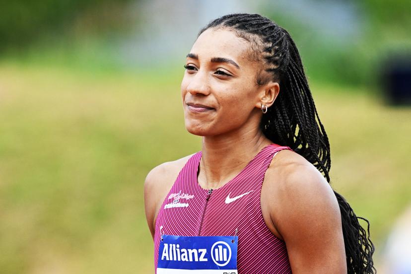 Belgian Nafissatou Nafi Thiam pictured during the 100m hurdles race at the Belgian athletics championships, Sunday 26 July 2026 in Kessel-Lo, Leuven. BELGA PHOTO JILL DELSAUX
