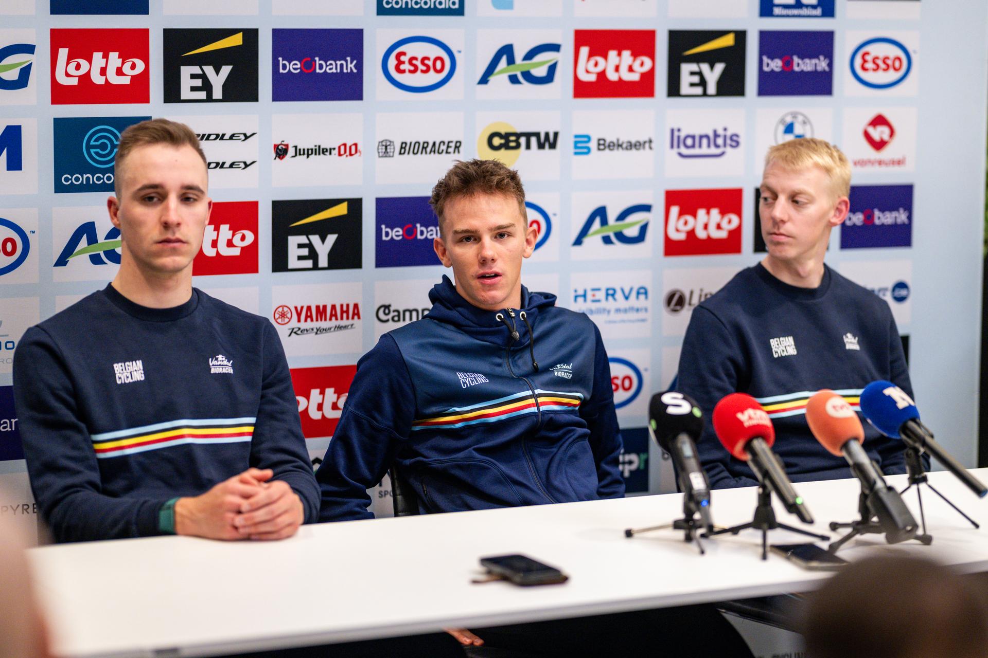 Belgian Niels Vandeputte, Belgian Thibau Nys and Belgian Michael Vanthourenhout pictured during a press conference of the Belgian team ahead of the UCI Cyclocross World Championships in Hulst, The Netherlands, on Friday 30 January 2026, in Sint-Niklaas. BELGA PHOTO DAVID PINTENS