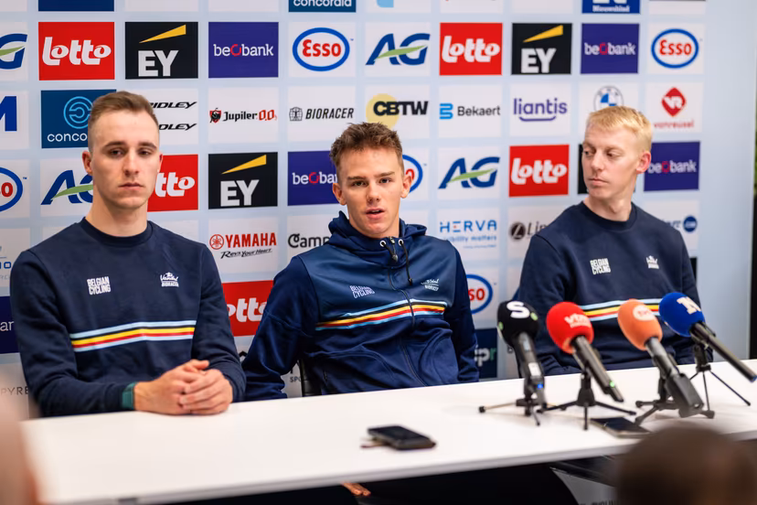 Belgian Niels Vandeputte, Belgian Thibau Nys and Belgian Michael Vanthourenhout pictured during a press conference of the Belgian team ahead of the UCI Cyclocross World Championships in Hulst, The Netherlands, on Friday 30 January 2026, in Sint-Niklaas. BELGA PHOTO DAVID PINTENS
