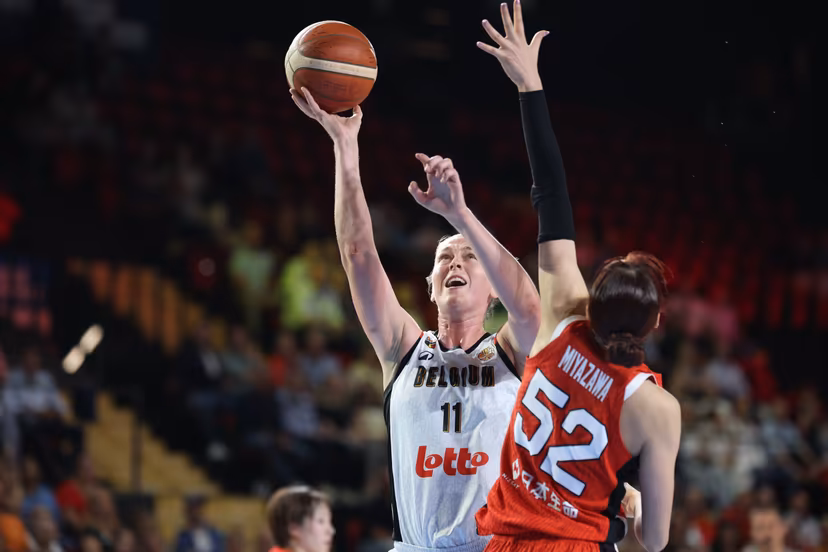 Belgium's Emma Meesseman and Japanese Yuki Miyazawa fight for the ball during a friendly basketball international game between Belgian Cats and Japan, in Oostende, on Friday 28 August 2026. BELGA PHOTO VIRGINIE LEFOUR