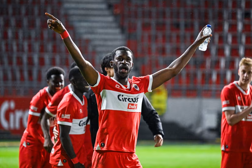 Antwerp's Kiki Kouyate celebrates after winning a soccer game between Royal Antwerp FC and RAAL La Louviere, in the 1/4 final of the Croky Cup Belgian cup, Tuesday 13 January 2026 in Antwerp. BELGA PHOTO TOM GOYVAERTS