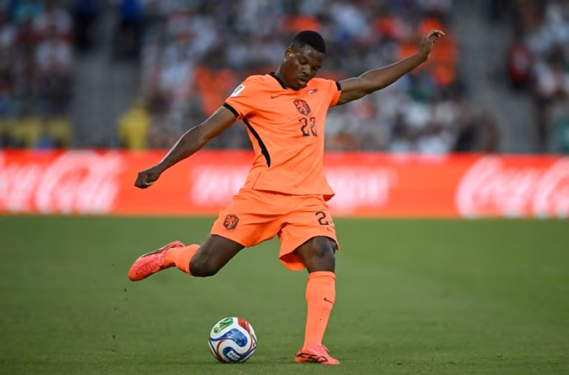 Netherlands' defender #22 Denzel Dumfries shoots during the 2026 World Cup round of 32 football match between the Netherlands and Morocco at the Monterrey Stadium in Guadalupe on June 29, 2026. CARL DE SOUZA / AFP