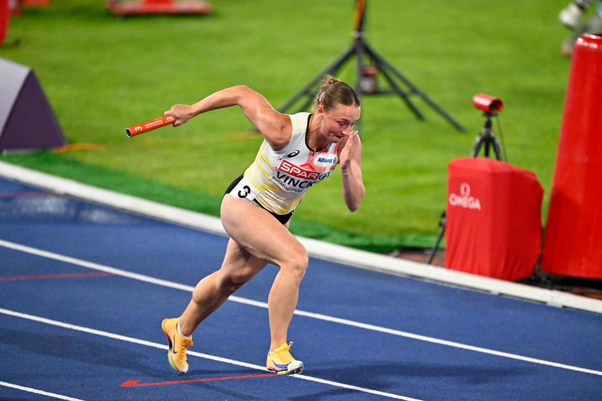 Belgian Rani Vincke pictured in action at the final of the women's 4x100m relay race, on the seventh day of the European Athletics Championships (August 10-18) in Birmingham, United Kingdom, on Saturday 15 August 2026. BELGA PHOTO ERIC LALMAND