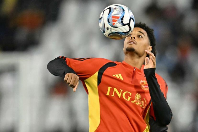 Belgium's defender #03 Koni De Winter takes part in the warm-up ahead of the UEFA Nations League Group A1 football match between Belgium and France at King Baudouin Stadium in Brussels on September 28, 2026. NICOLAS TUCAT / AFP