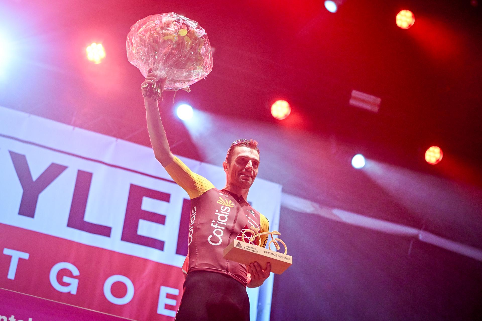 Belgian Jenthe Biermans of Cofidis celebrates on the podium with the combativity award after the 'Natourcriterium Herentals' cycling race, Thursday 30 July 2026 in Herentals. The contest is a part of the traditional 'criteriums', local races in which mainly cyclists who rode the Tour de France compete. BELGA PHOTO ELIAS ROM