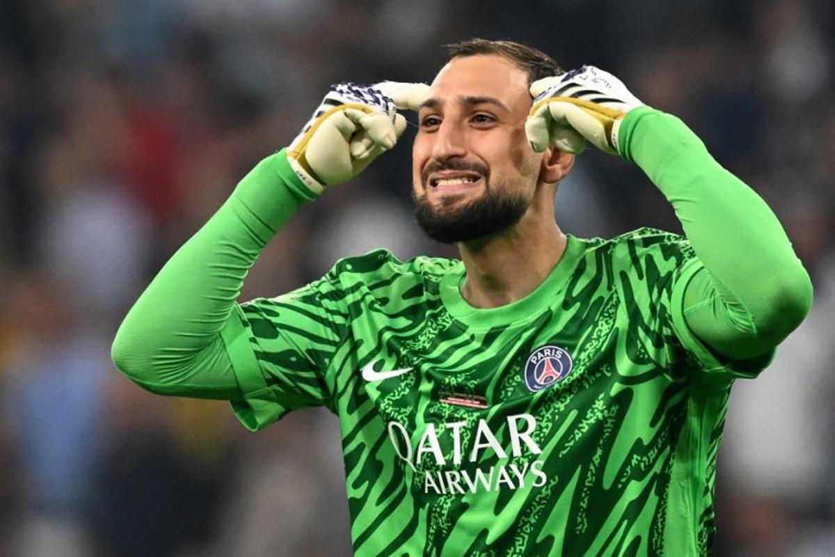 Paris Saint-Germain's Italian goalkeeper #01 Gianluigi Donnarumma gestures during the UEFA Champions League final football match between Paris Saint-Germain (PSG) and Inter Milan in Munich, southern Germany, on May 31, 2025. INA FASSBENDER / AFP